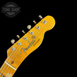 Front of headstock of Fender Custom Shop Time Machine '54 Tele Super Heavy Relic Super Faded Aged Nocaster Blonde.