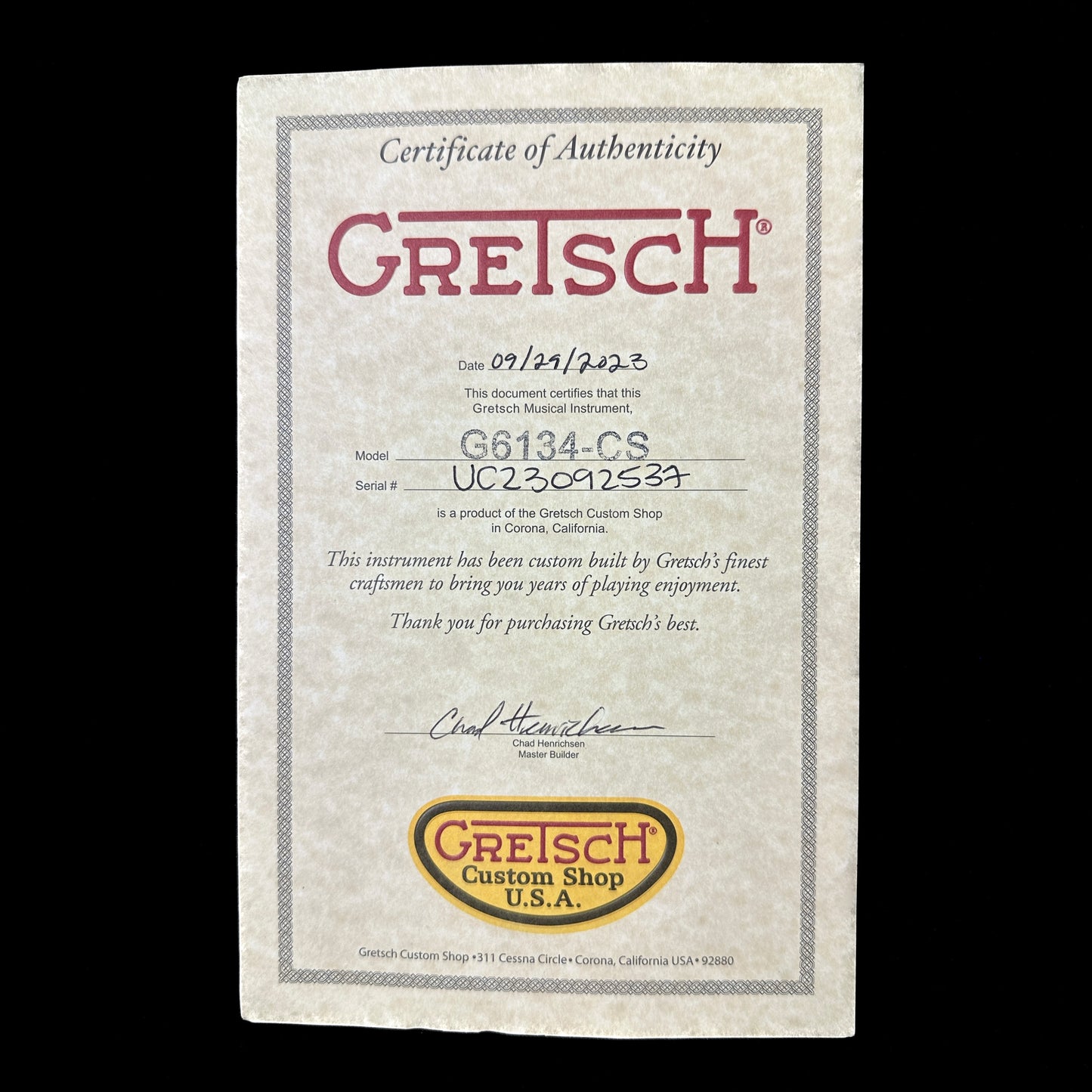 Certificate of authenticity for Gretsch Custom Shop G6134-59 Penguin Relic Daphne Blue.