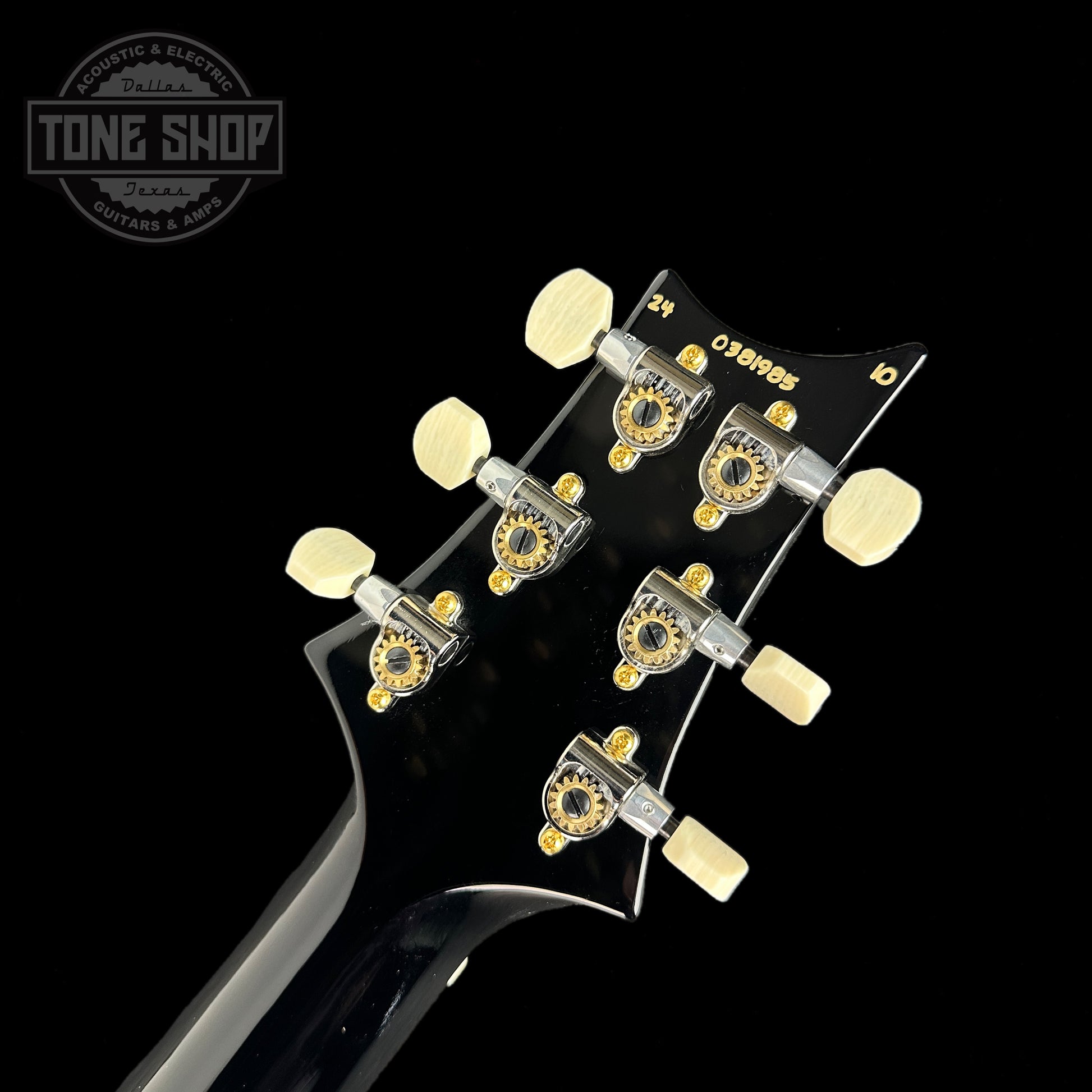 Back of headstock of PRS DGT David Grissom Trem 10 Top Purple Mist Birds.