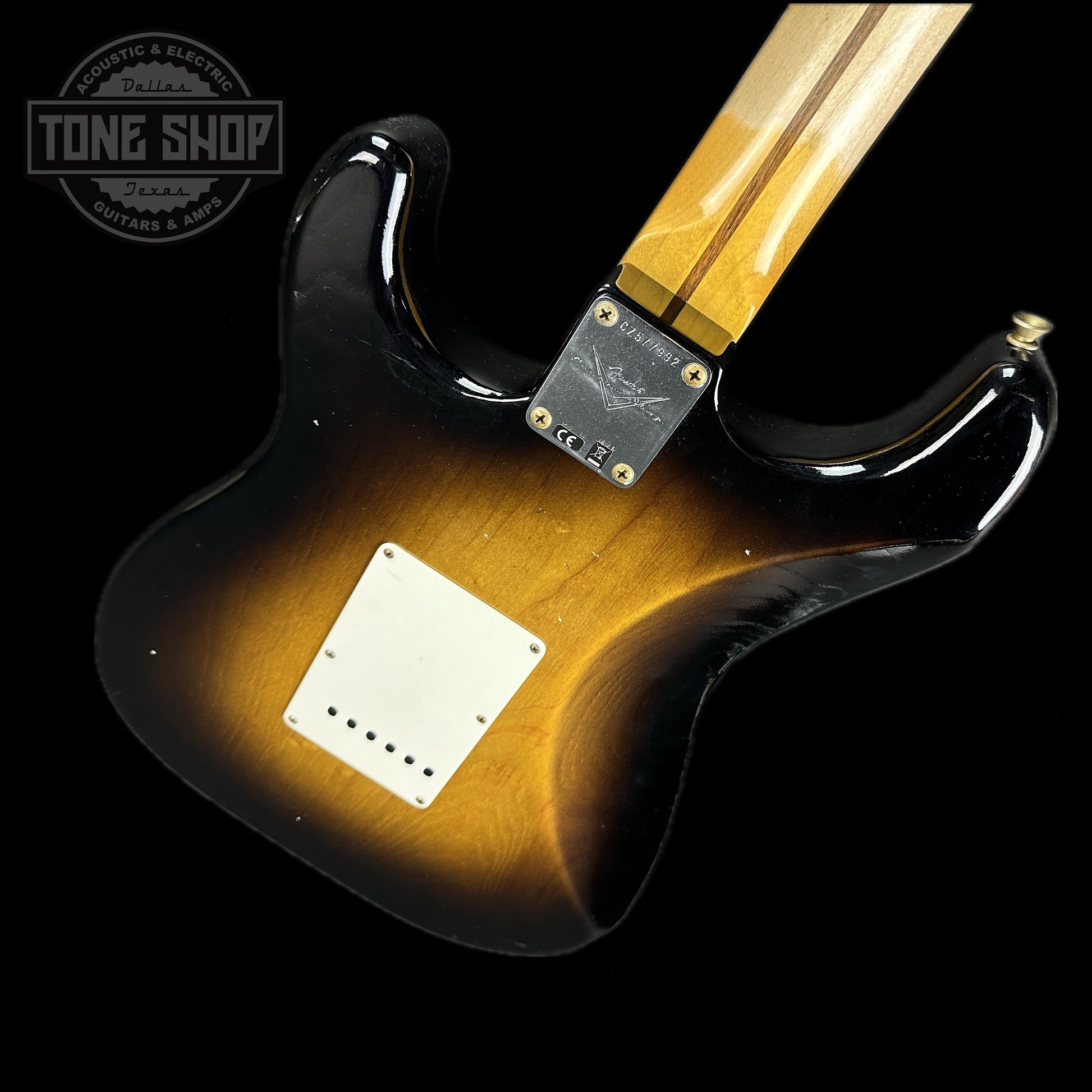 Back angle of Fender 1956 Stratocaster Journeyman Relic Maple Neck Wide-Fade 2-Color Sunburst.