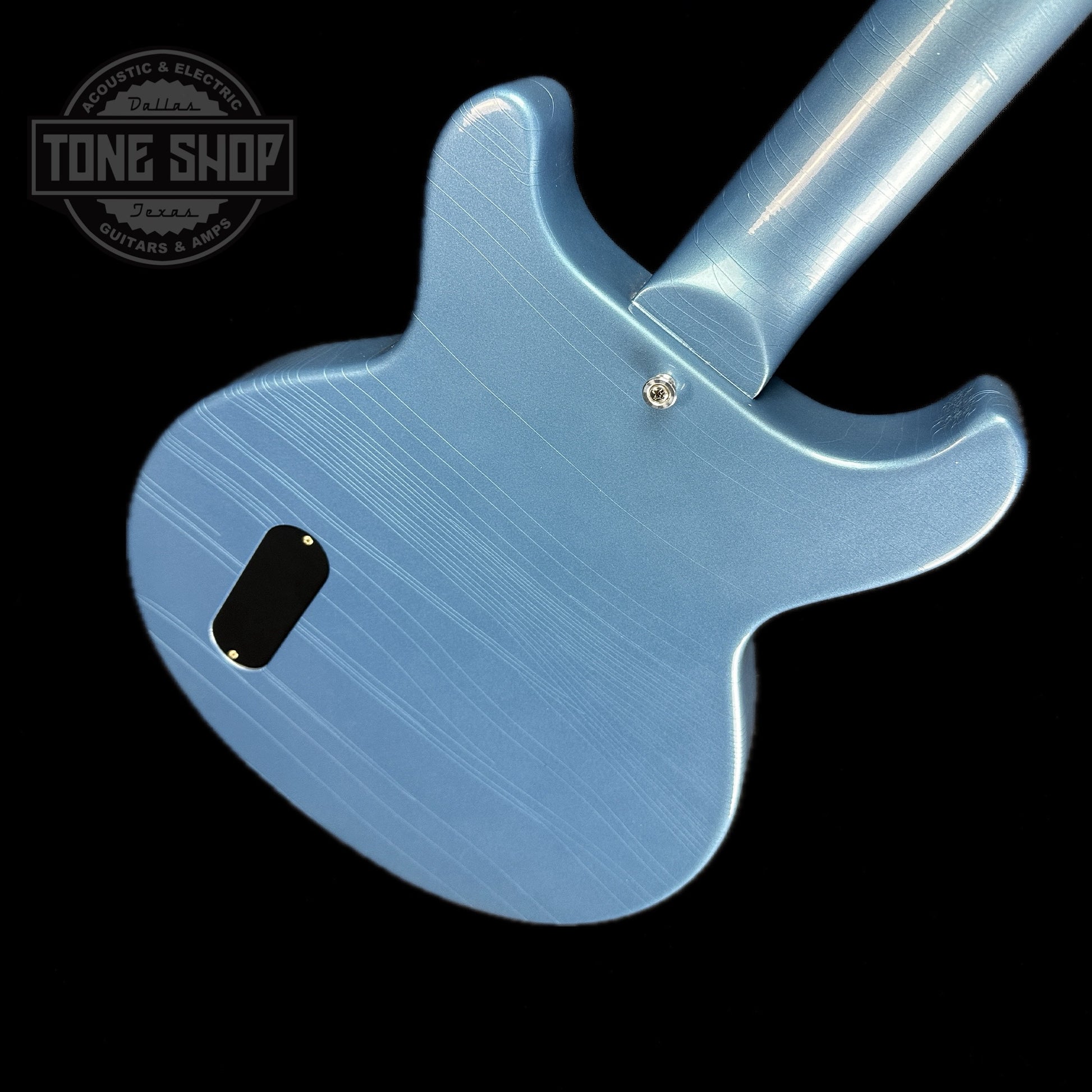 Back angle of Gibson Custom Shop M2M 1958 Les Paul Junior Double Cut Ultra Light Aged Pelham Blue.