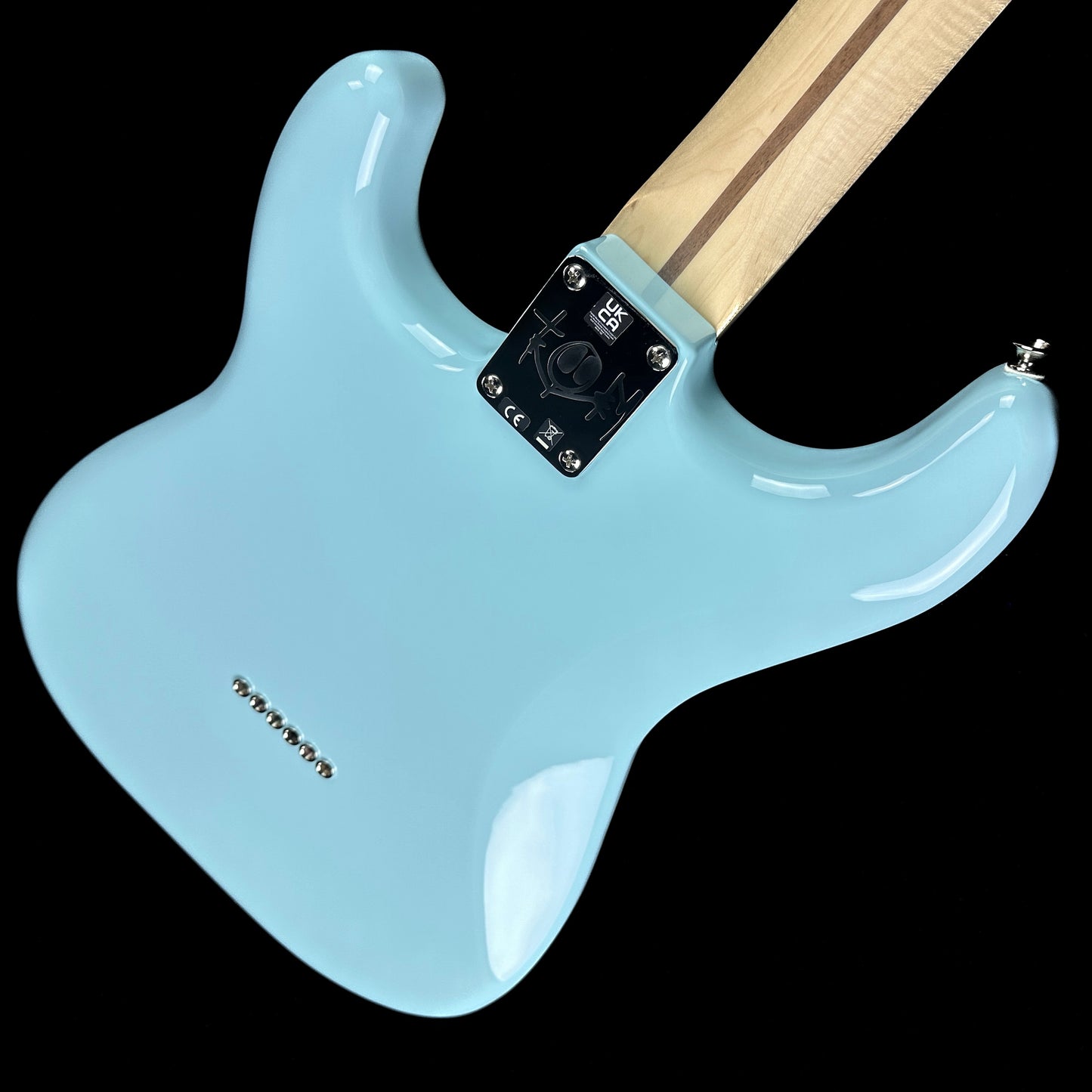 Back angle of Used Fender Limited Edition Tom Delonge Stratocaster Daphne Blue.