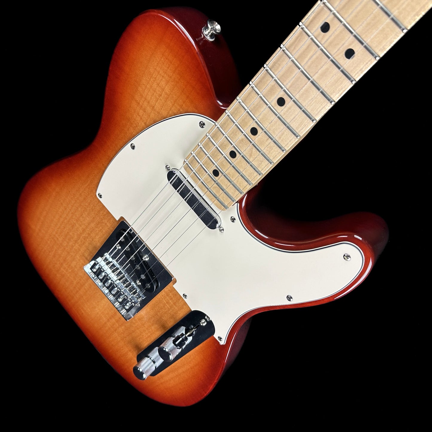 Front angle of Used Fender Player Telecaster Plus Top Sienna Sunburst.