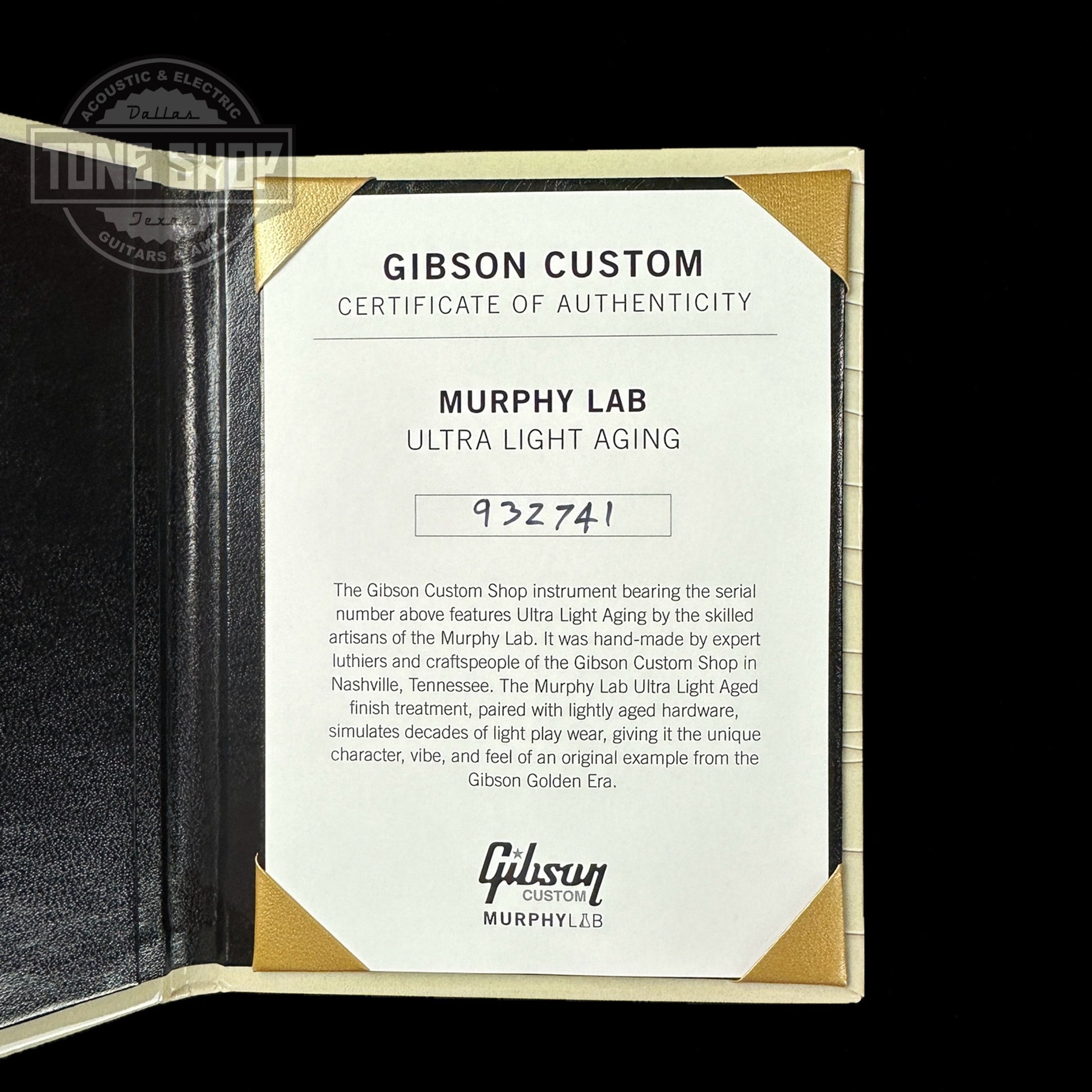 Certificate of authenticity for Gibson Custom Shop M2M 1959 Les Paul Standard Chambered Lemon Burst Murphy Lab Ultra Light Aged.