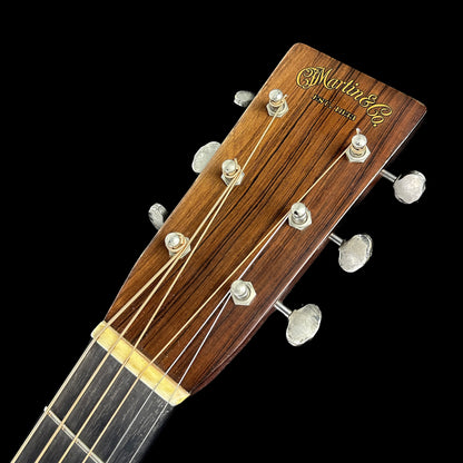 Front of headstock of Martin Custom Shop '37 D-28 Authentic Brazilian Rosewood Stage 1 Aging.