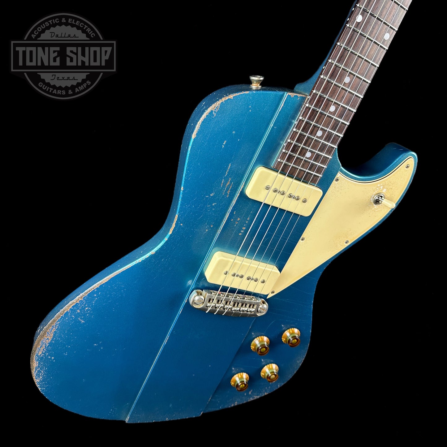 Front angle of Rock N Roll Relics Revenge Lake Placid Blue Med Aging.