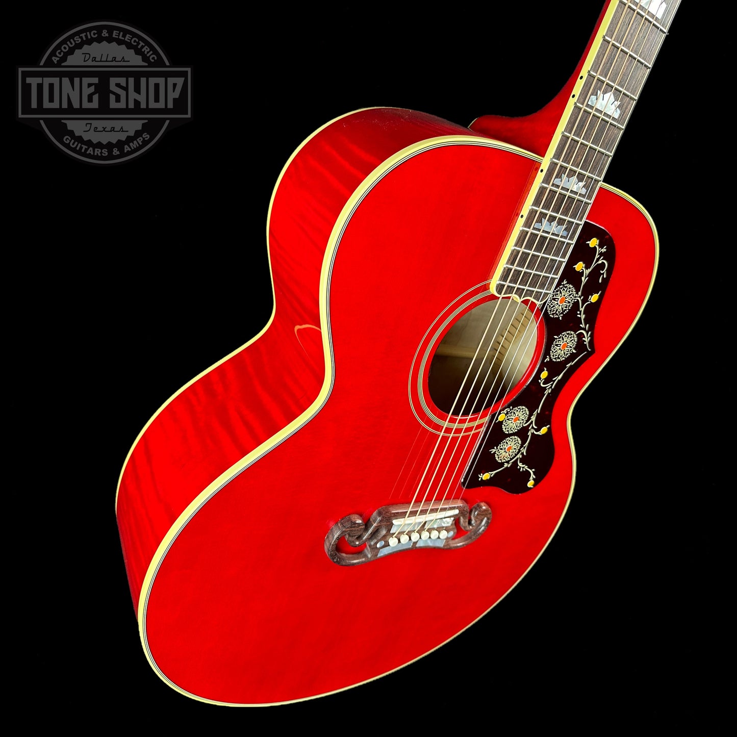 Front angle of Gibson Custom Shop M2M SJ-200 Original Cherry.