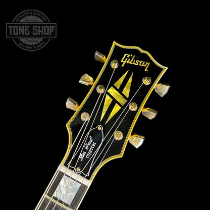 Front of headstock of Gibson Custom Shop M2M 1968 Les Paul Custom Heavy Antique White Murphy Lab Light Aged GH.
