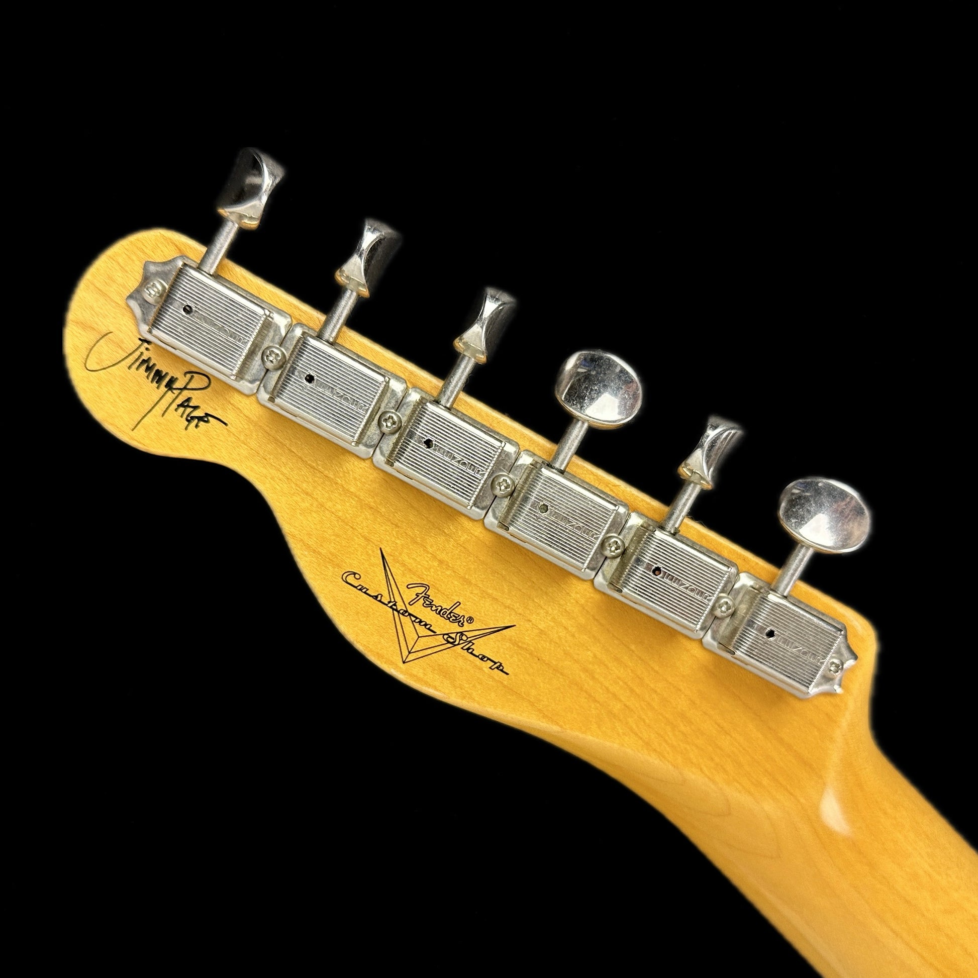 Back of headstock of Used Fender Custom Shop Jimmy Page Telecaster.