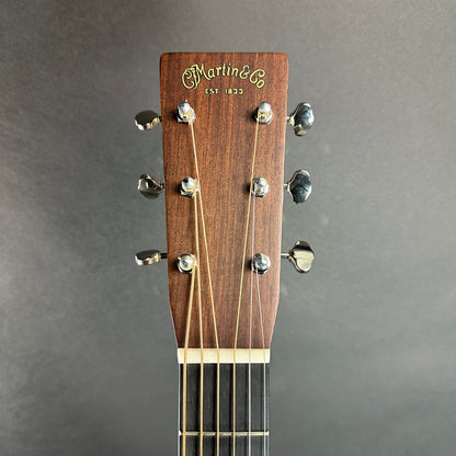 Front of headstock of Used Martin D-28 Ambertone.