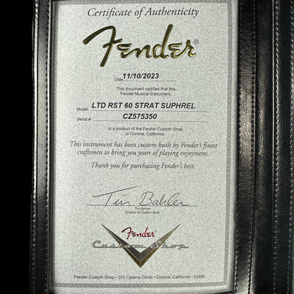 Certificate of authenticity for Fender Custom Shop Limited Edition Roasted '60 Strat Super Heavy Relic Aged Lake Placid Blue Over 3 Color Sunburst.