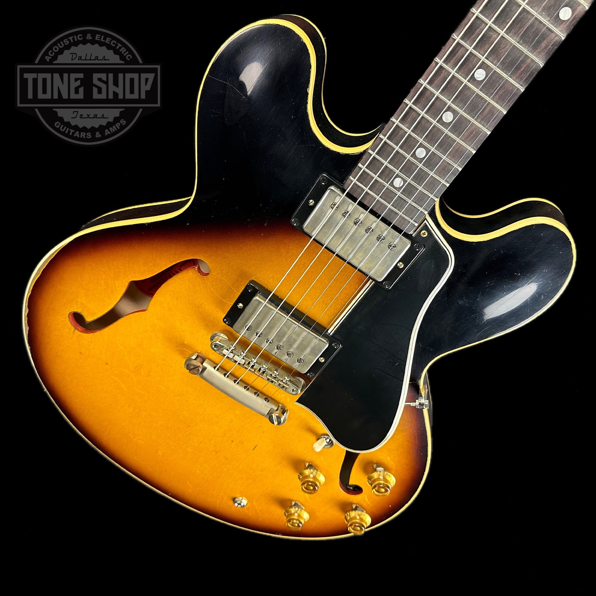 Front angle of Gibson Custom Shop 1958 ES-335 Faded Tobacco Sunburst Murphy Lab Heavy Aged Limited.