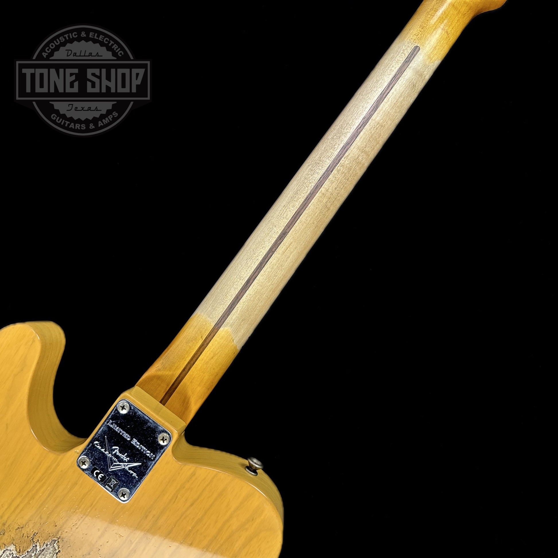 BAck of neck of Fender Custom Shop Limited Edition 53 HS Tele Heavy Relic Aged Butterscotch Blonde.