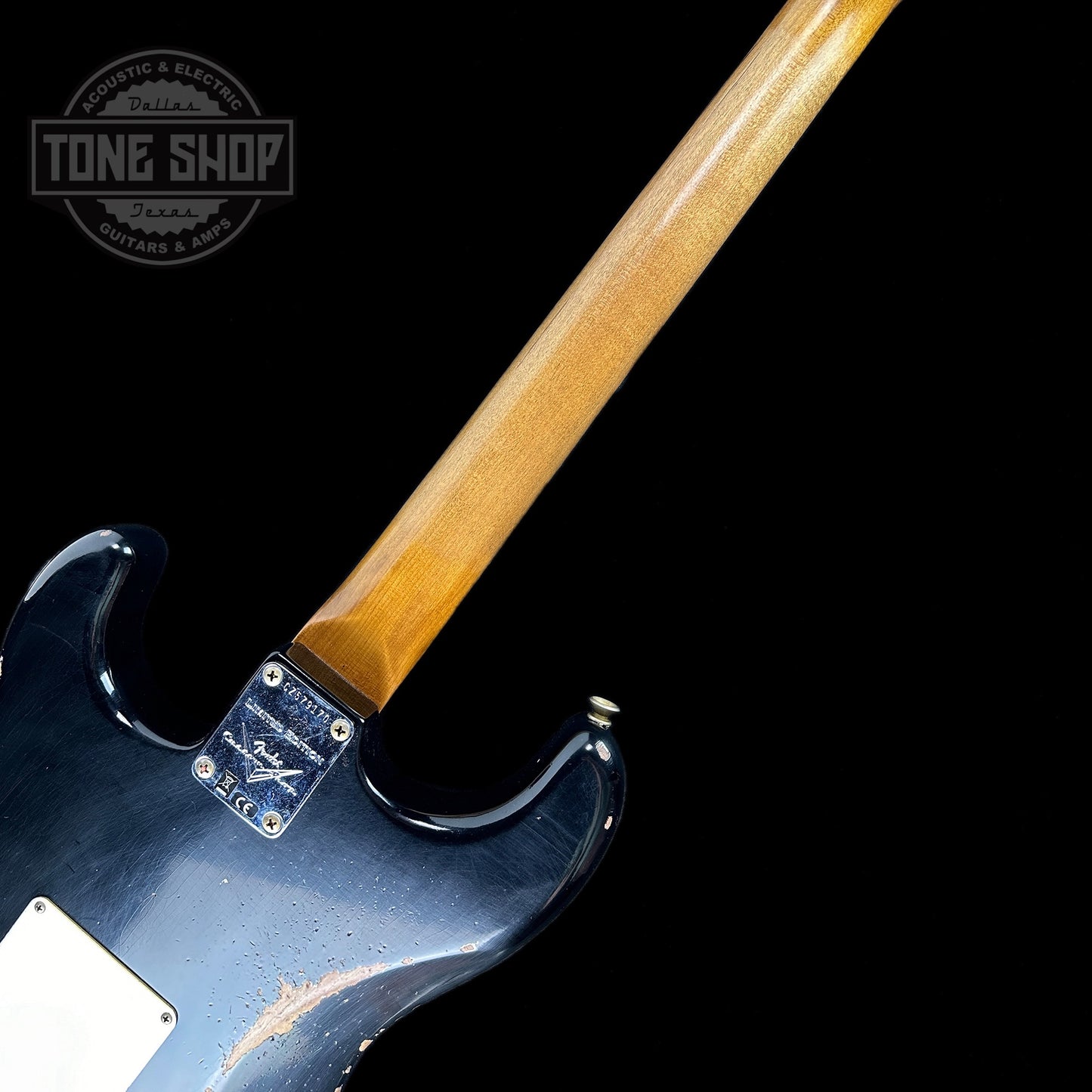Back of neck of Fender Custom Shop 2023 Collection Ltd Roasted Big Head Strat Relic Aged Black.