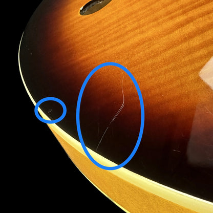 Scratches on front of body of Used Epiphone ES-335 Dot 3 Tone Sunburst.