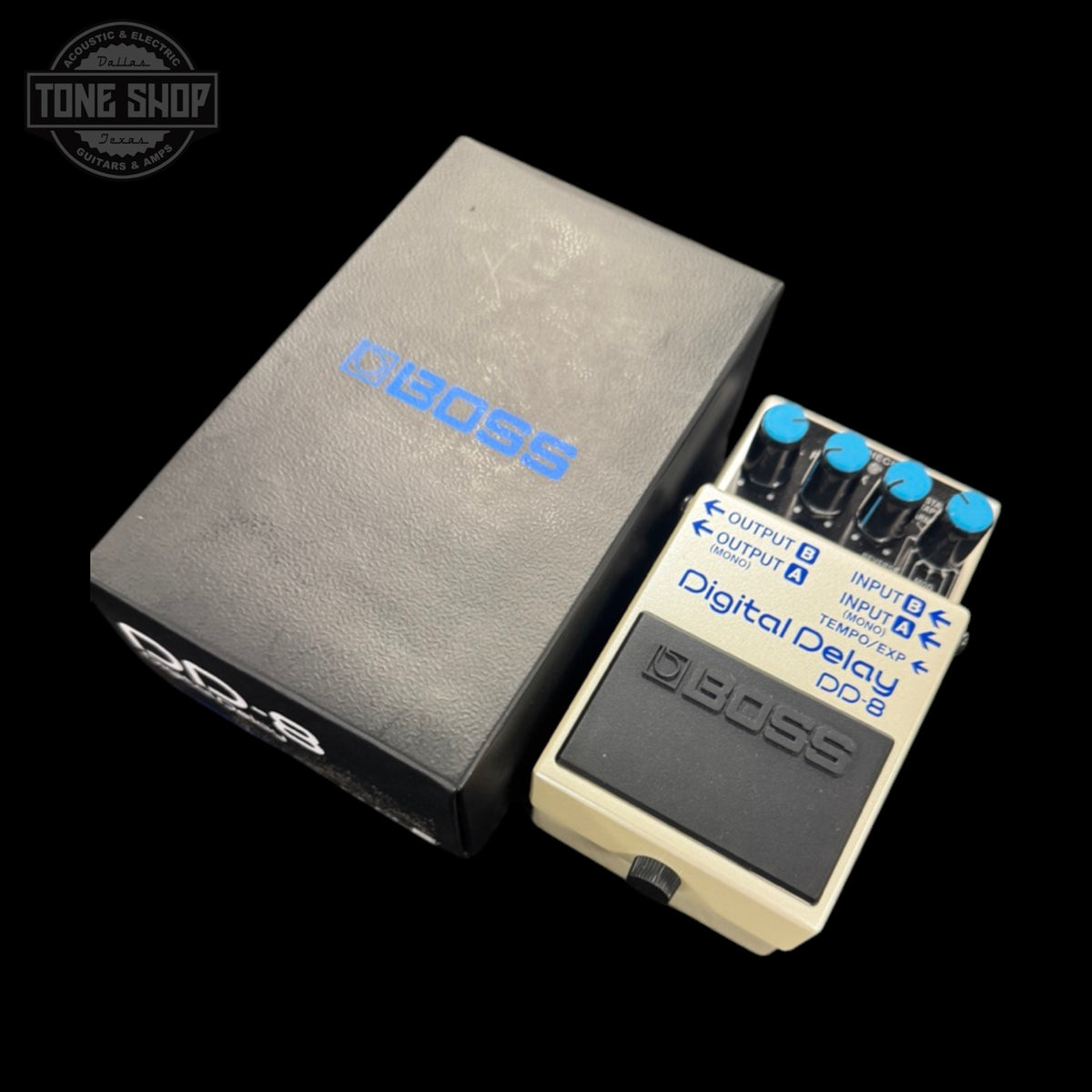 Top of Used Boss DD-8 Digital Delay Pedal TSS7314 with box.