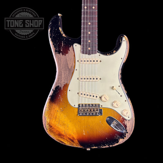 Front of body of Fender Custom Shop Limited Edition 61 Bone Tone Strat Super Heavy Relic Super Faded Aged 3 Color Sunburst.