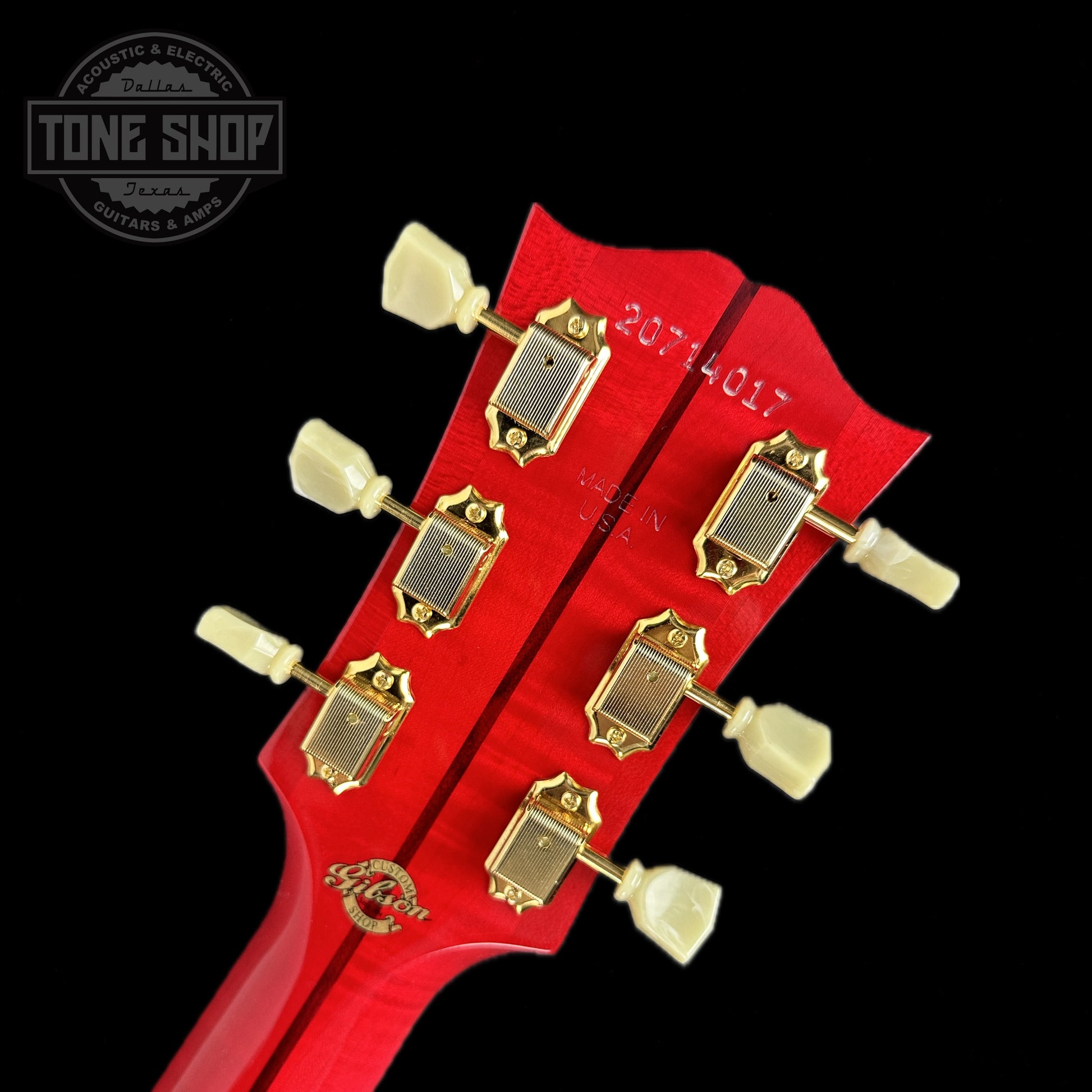 Back of headstock of Gibson Custom Shop M2M SJ-200 Original Cherry.