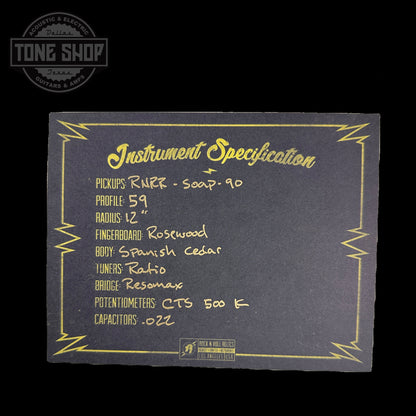 Spec sheet for Rock N Roll Relics Revenge Lake Placid Blue Med Aging.