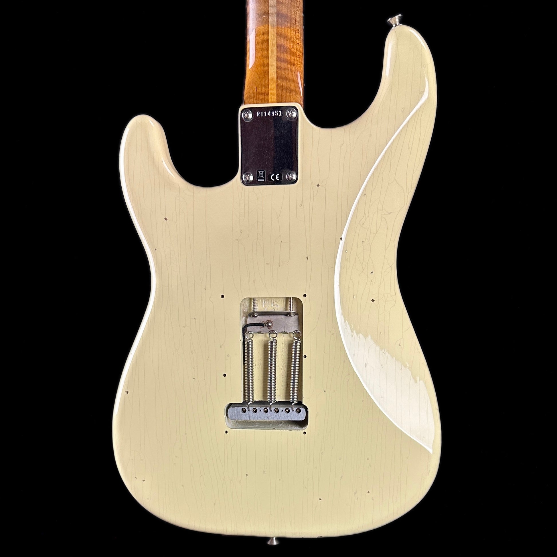 Back of body of Used Fender Custom Shop Roasted 60's Stratocaster Journeyman Relic Vintage White.