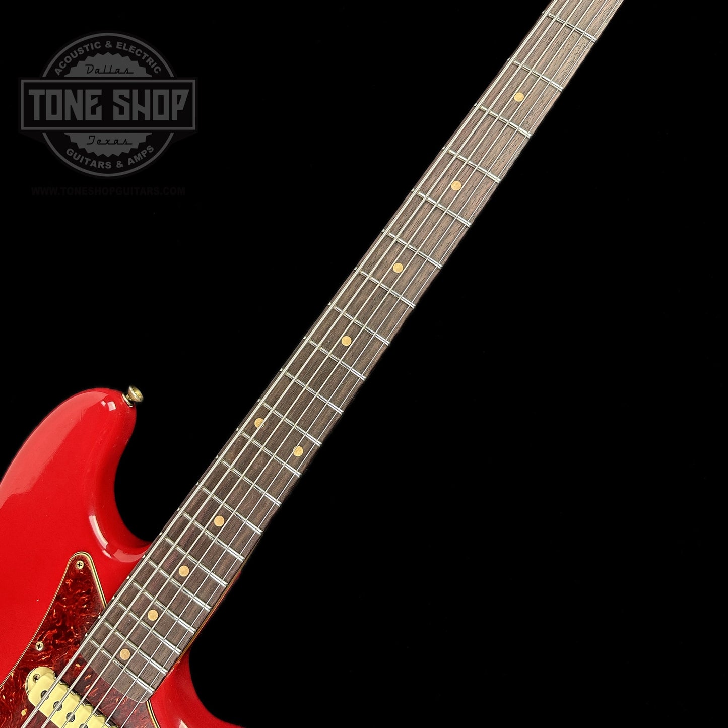 Fretboard of Fender Custom Shop Limited Edition Bass VI Journeyman Relic Aged Dakota Red.