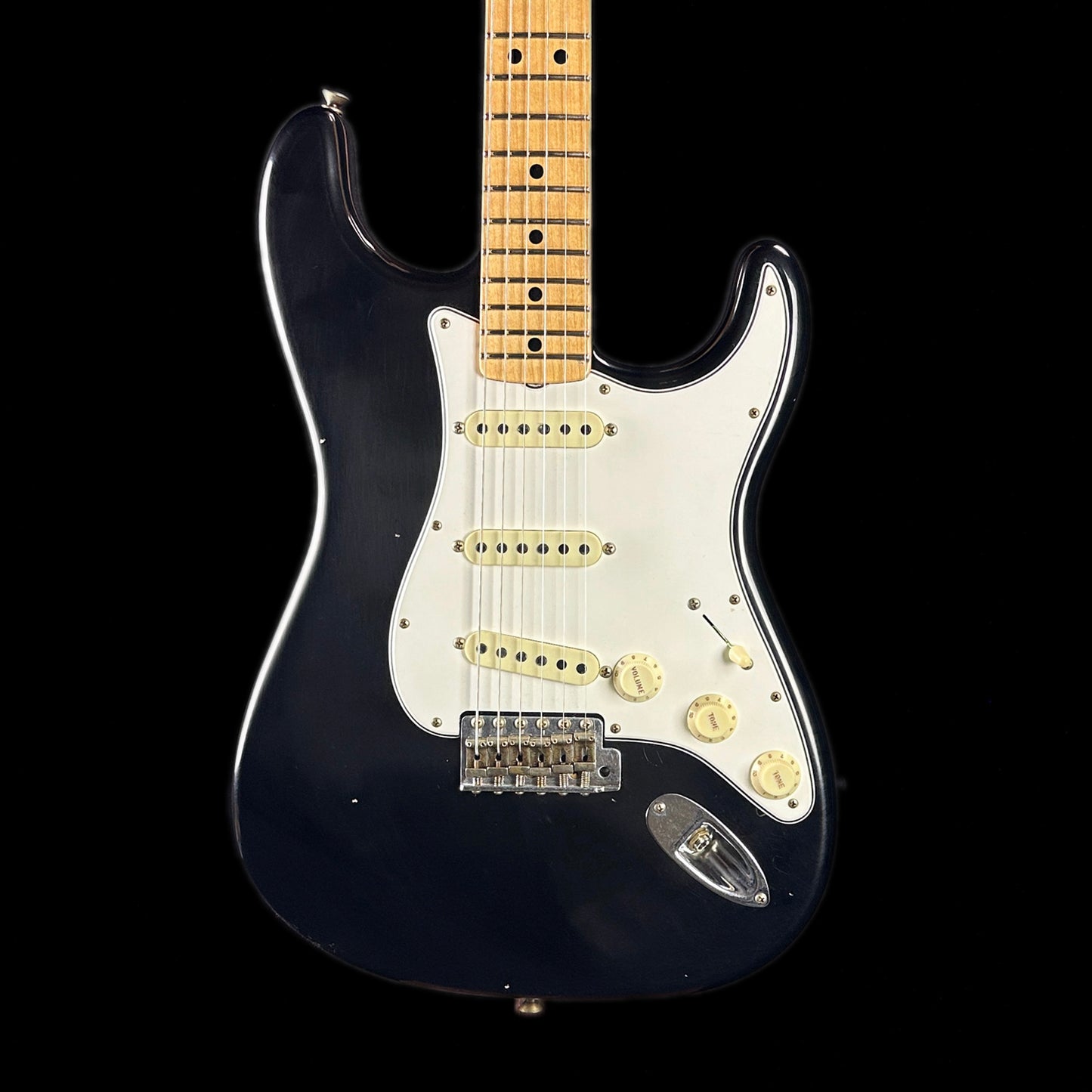 Front of body of Fender Custom Shop Limited Edition '69 Strat Journeyman Relic Aged Black.