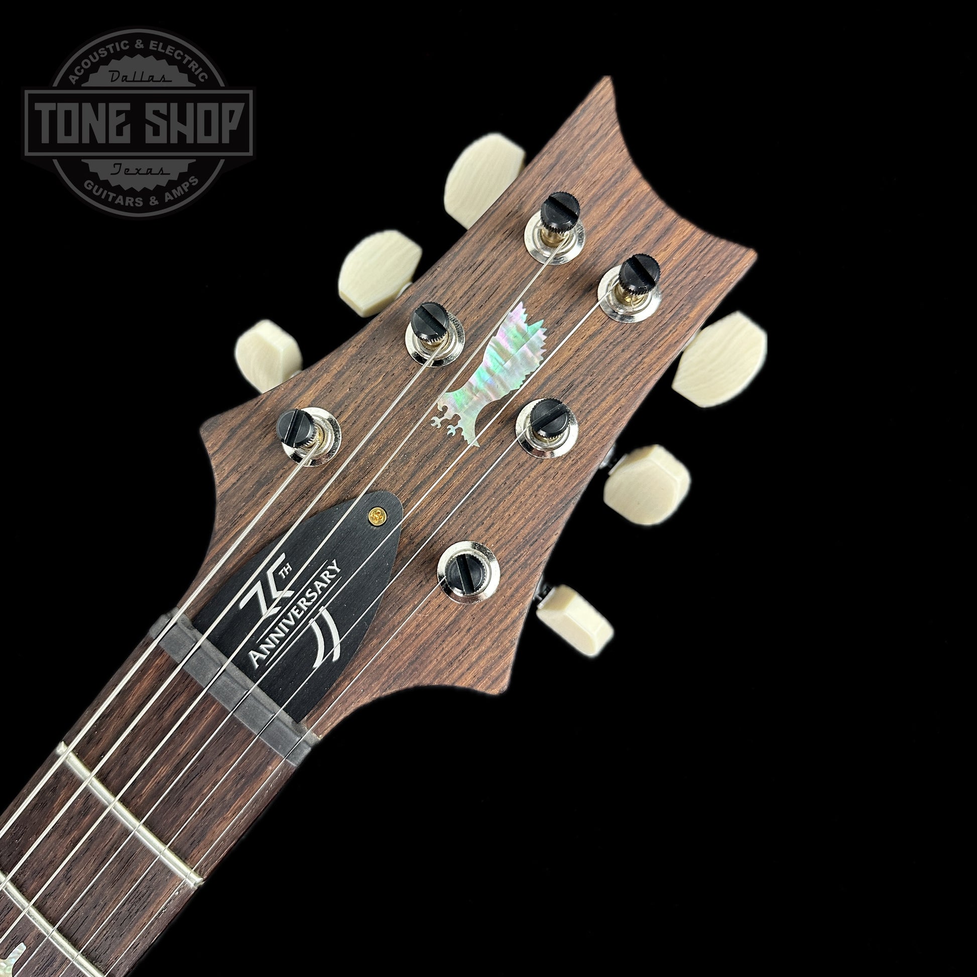 Front of headstock of Used PRS Paul's Guitar 35th Anniversary River Blue Smoke Burst.