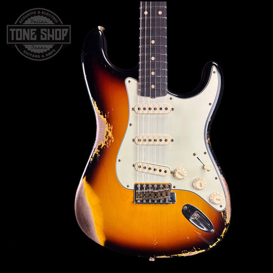 Front of body of Fender Custom Shop 2023 Collection 60 Strat Heavy Relic Faded Aged 3 Color Sunburst.