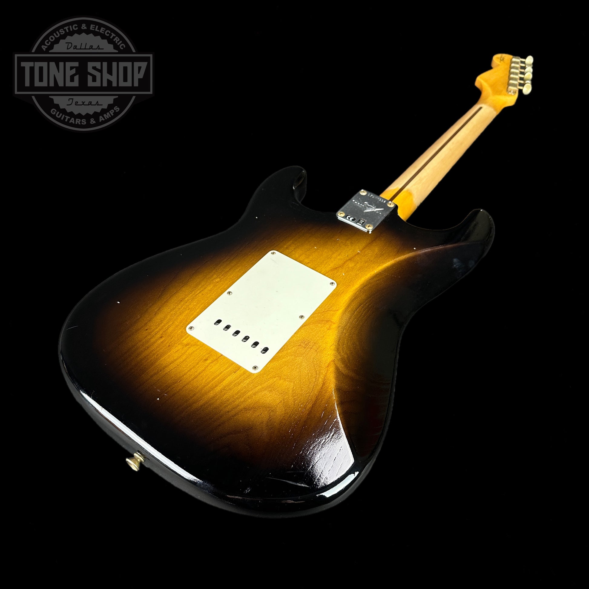 Back angle of Fender 1956 Stratocaster Journeyman Relic Maple Neck Wide-Fade 2-Color Sunburst.