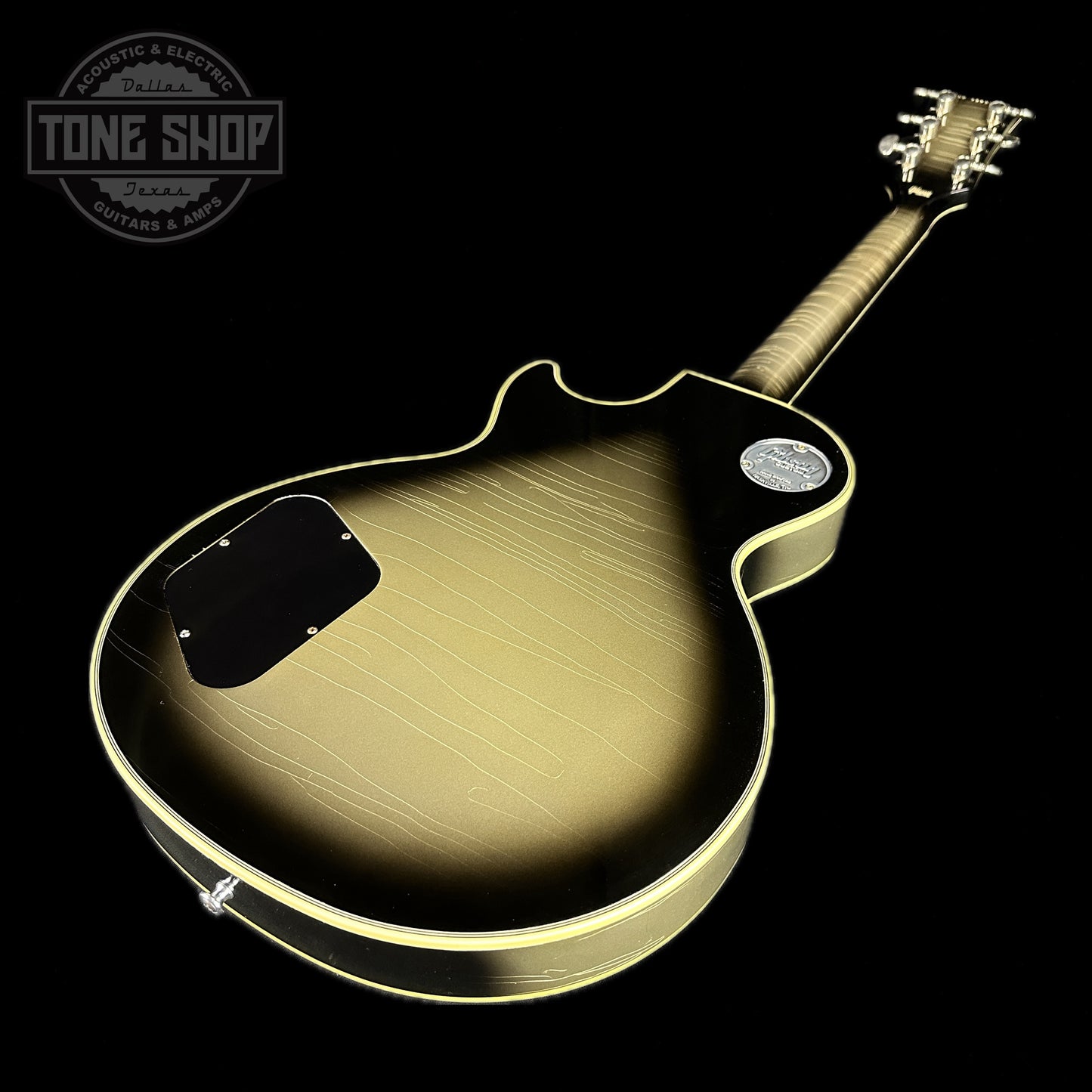 Back angle of Gibson Custom Shop Murphy Lab M2M Les Paul Custom Chambered Antique Silverburst Ultra Light Aged NH.