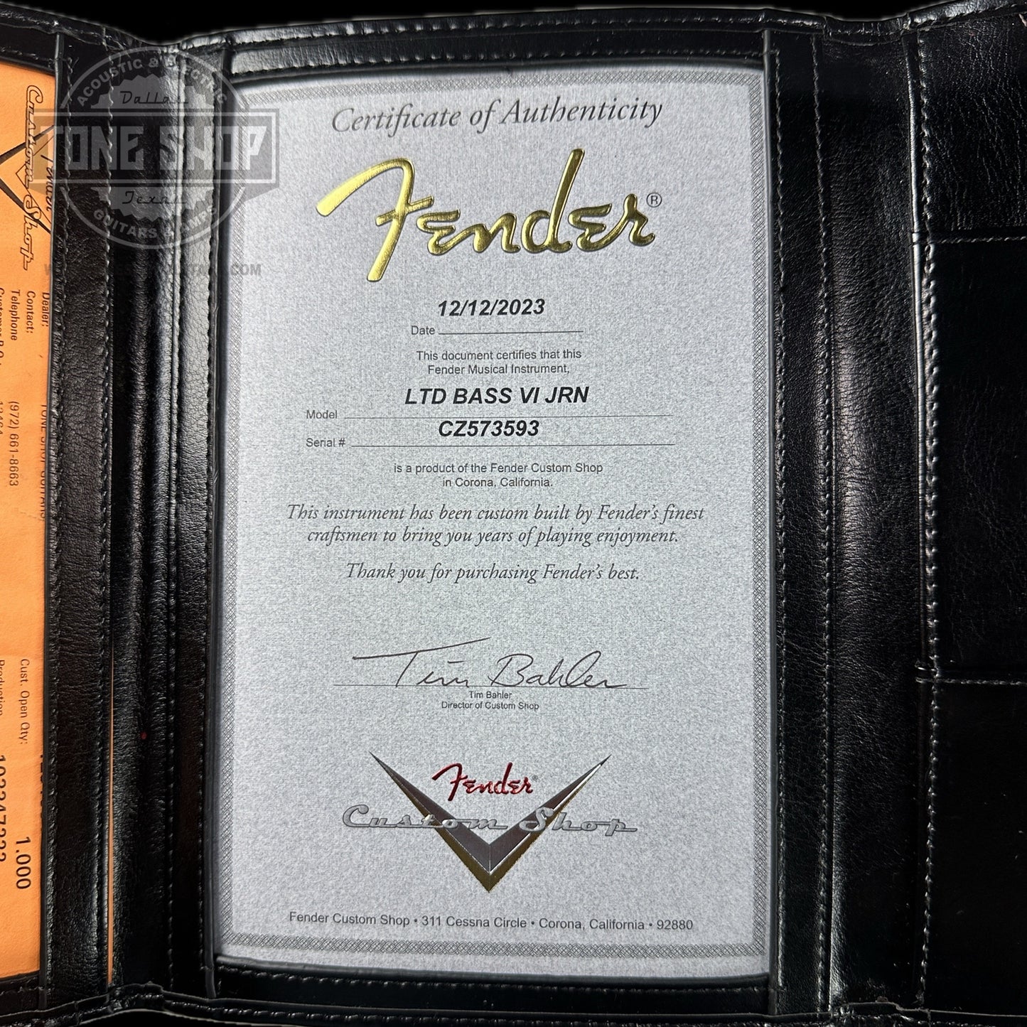 Certificate of authenticity for Fender Custom Shop Limited Edition Bass VI Journeyman Relic Aged Dakota Red.