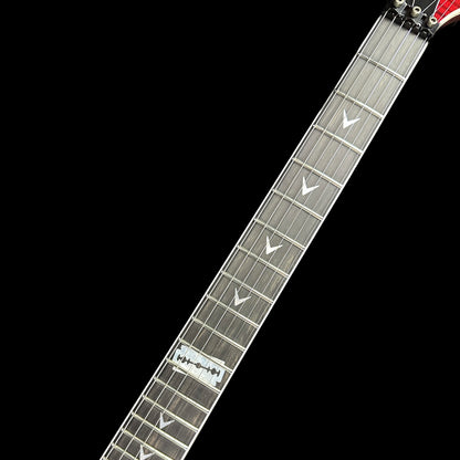 Fretboard of Dean USA Dime Rebel Flame Top Trans Red.