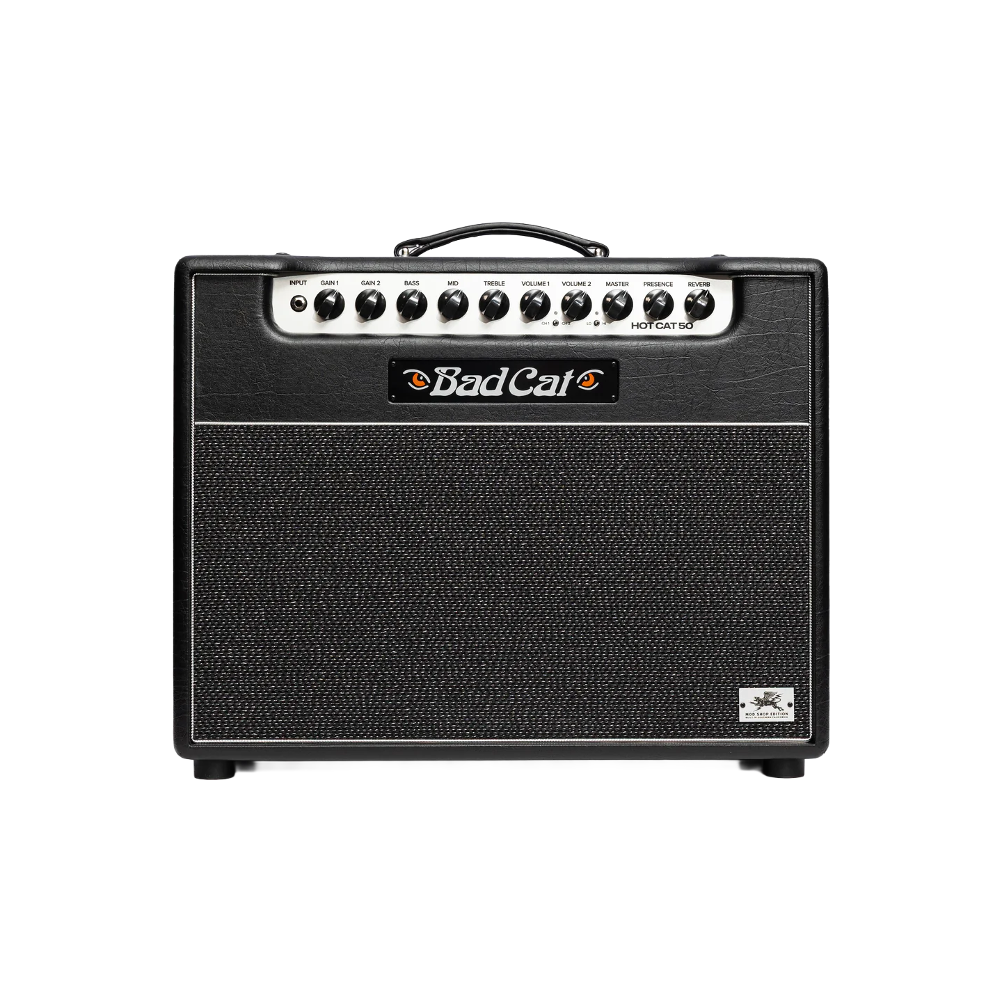 Front of Bad Cat Hot Cat 50 Mark Sampson Mod Shop 50w 1x12 Tube Combo.
