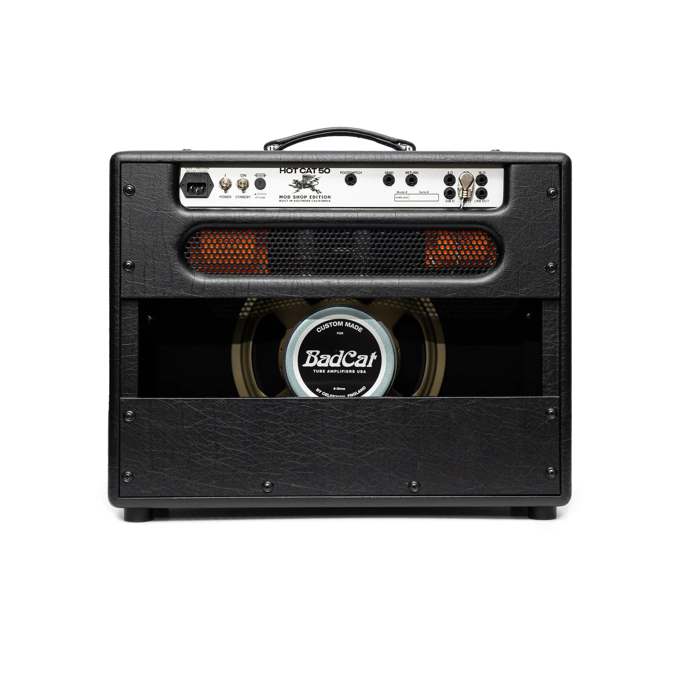 Back of Bad Cat Hot Cat 50 Mark Sampson Mod Shop 50w 1x12 Tube Combo.