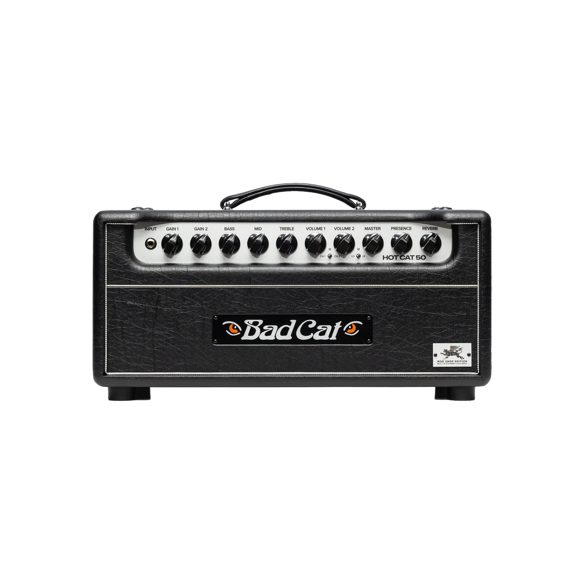 Front of Bad Cat Hot Cat 50 Mark Sampson Mod Shop 50w Tube Head.