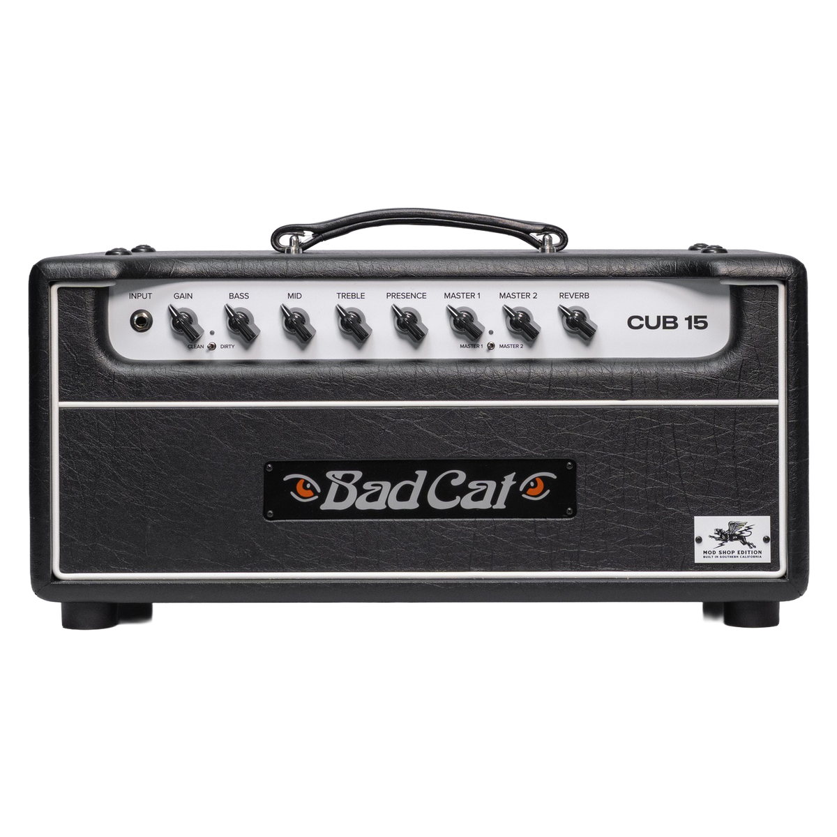 Front of Bad Cat Mod Shop Cub 15 Head 15w Dual EL84 Power Section.