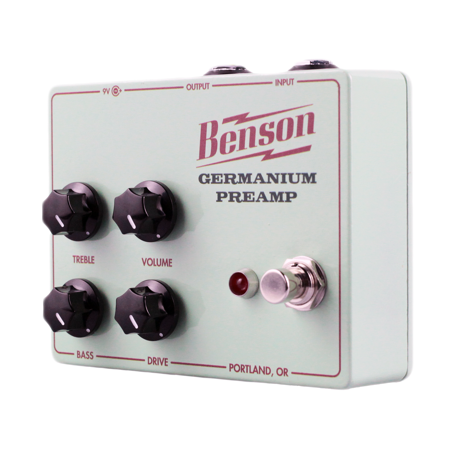 Front right side of Benson Amps Germanium Preamp Pedal.
