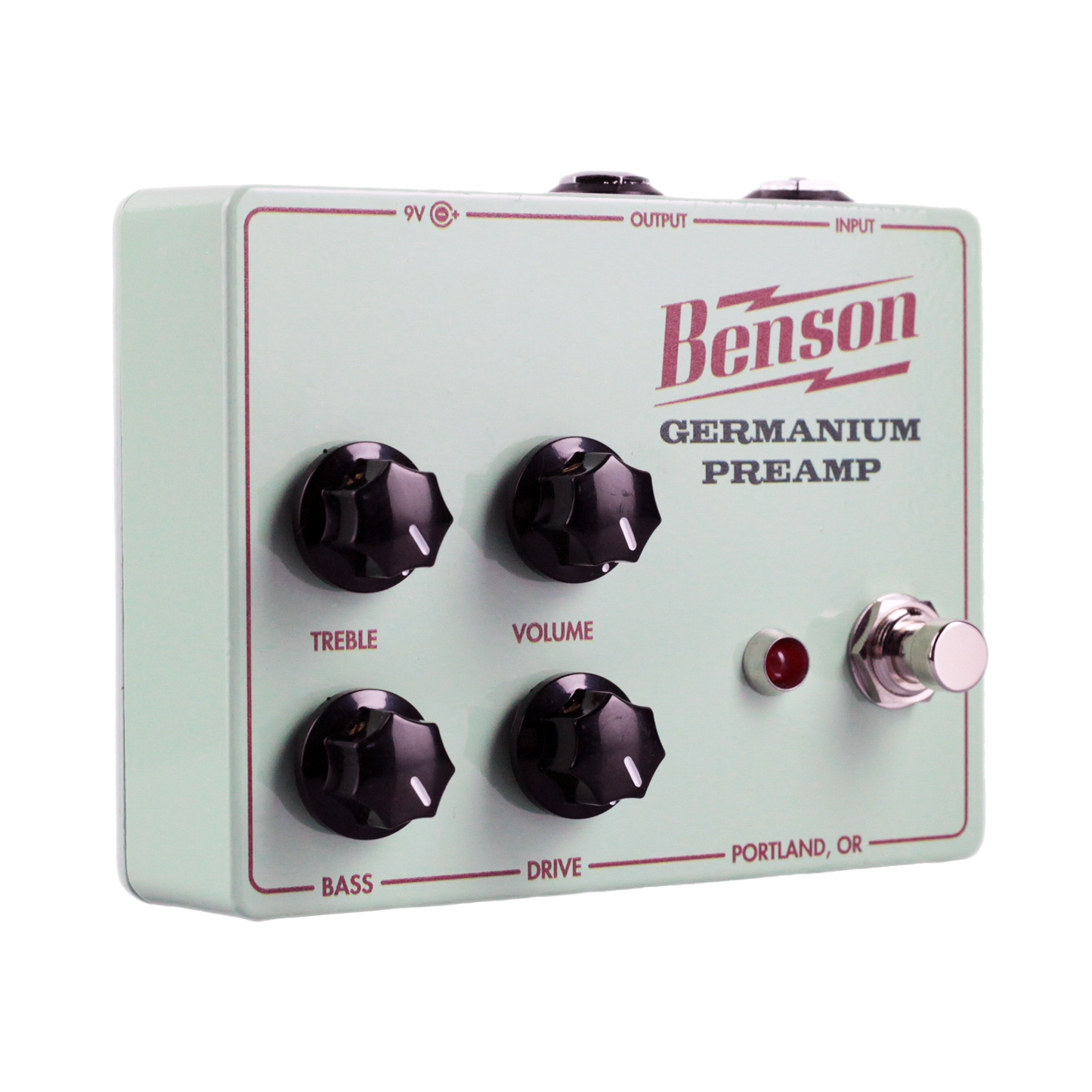 Front left side of Benson Amps Germanium Preamp Pedal.
