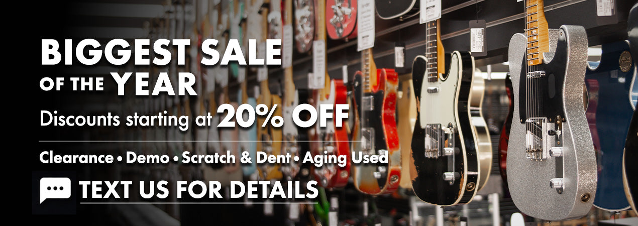 Image of guitars with biggest sale ever 20% off sale on clearance, demo, scratch & Dent, and aging used.