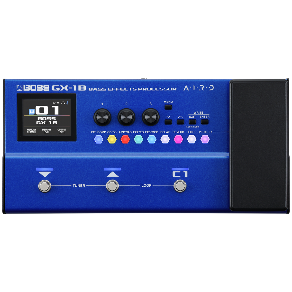 Top down of Boss GX-1B Bass Effects Processor.