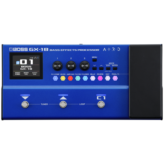 Top down of Boss GX-1B Bass Effects Processor.