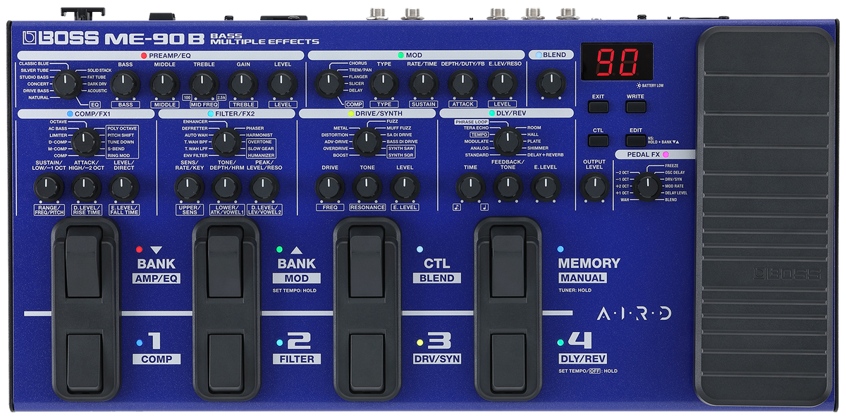 Top down of Boss ME-90B Bass Multi-effects Processor.