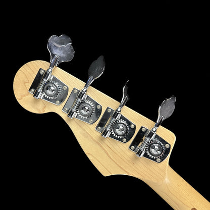 Back of headstock of Used Fender Standard Jazz Bass Black.