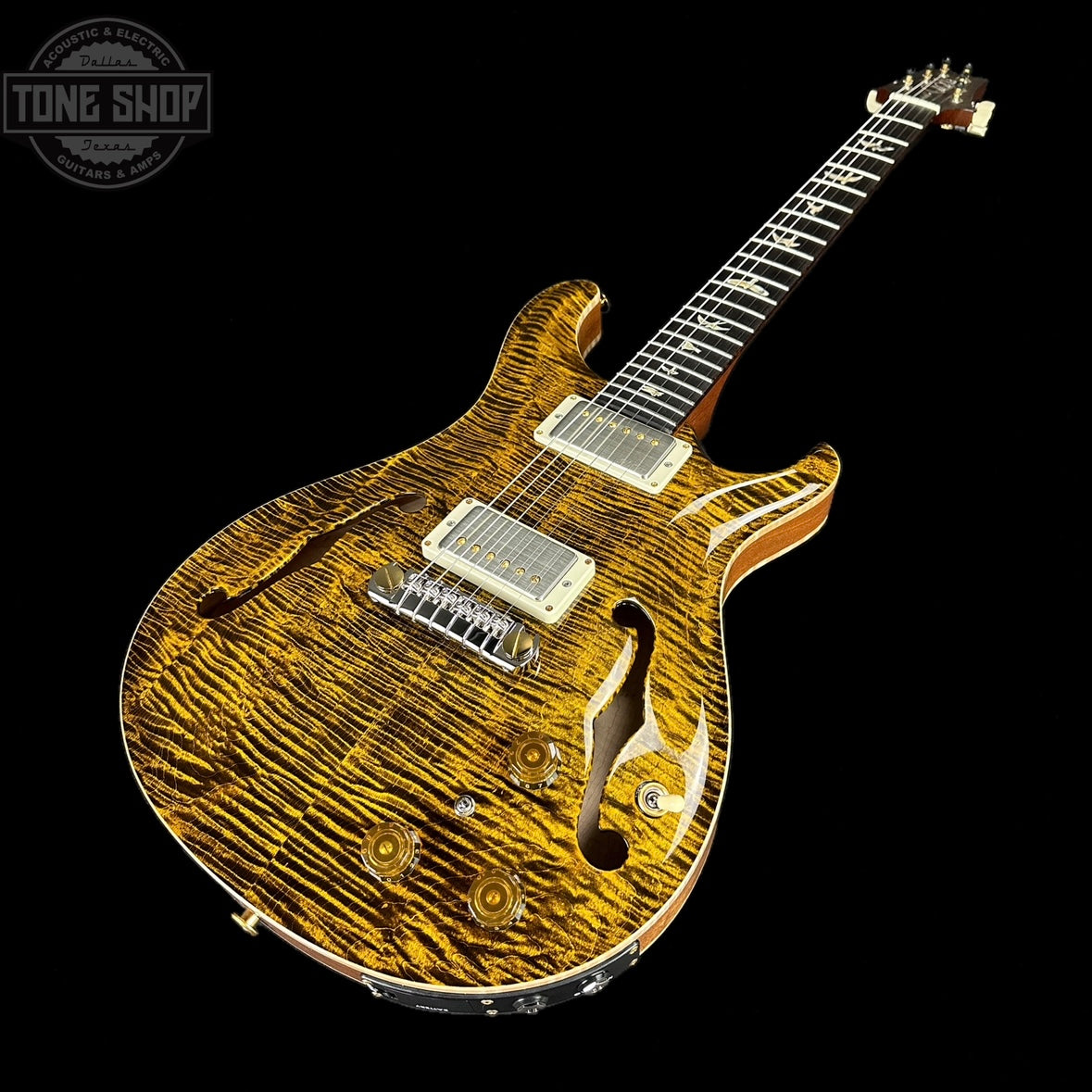 Front angle of PRS Paul Reed Smith Hollowbody II Piezo 10-Top Flame Maple Yellow Tiger.