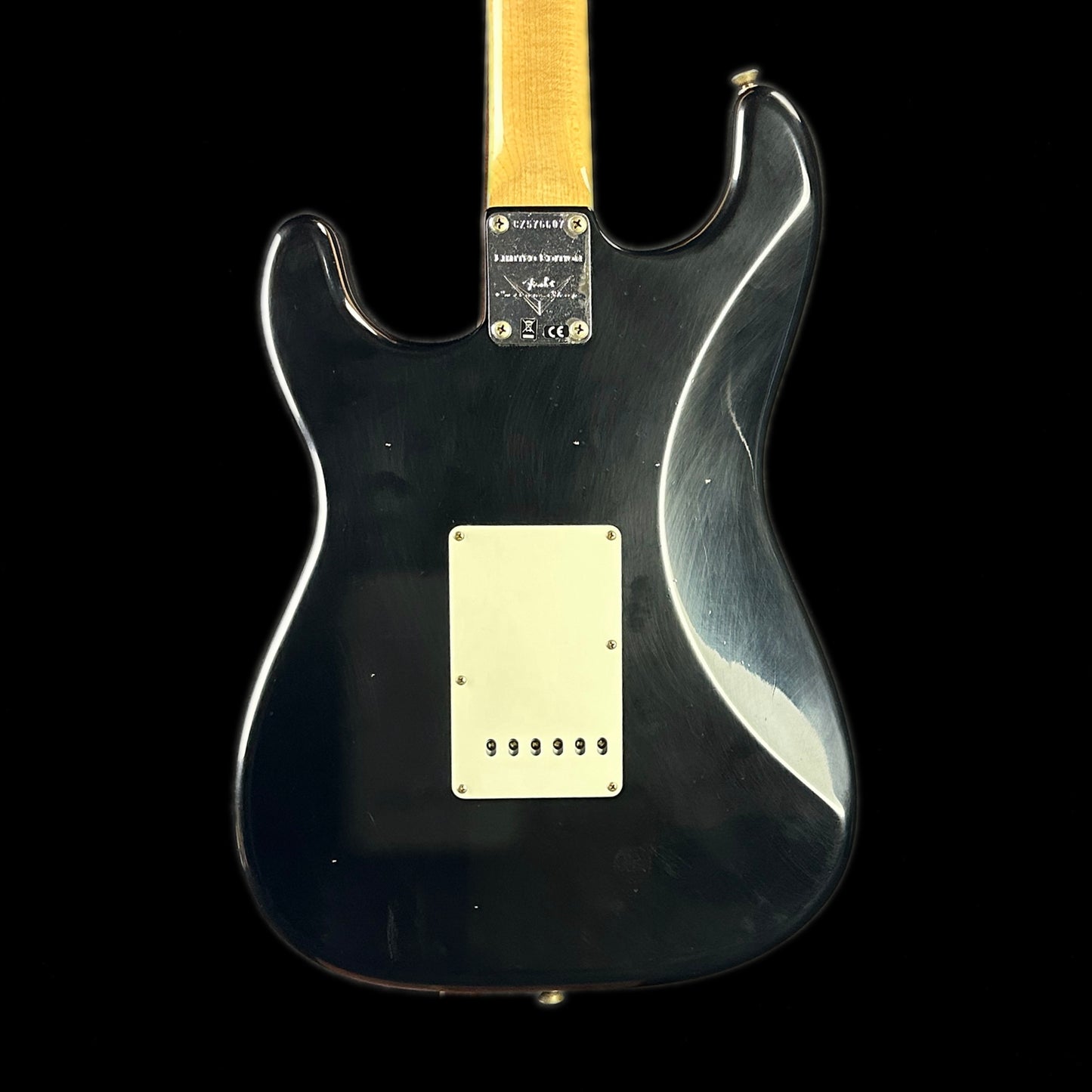 Back of body of Fender Custom Shop Limited Edition '69 Strat Journeyman Relic Aged Black.