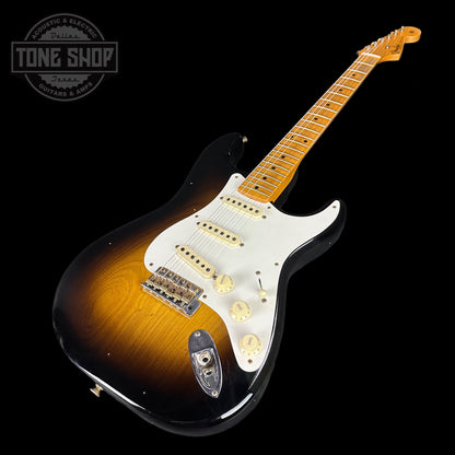 Front angle of Fender 1956 Stratocaster Journeyman Relic Maple Neck Wide-Fade 2-Color Sunburst.