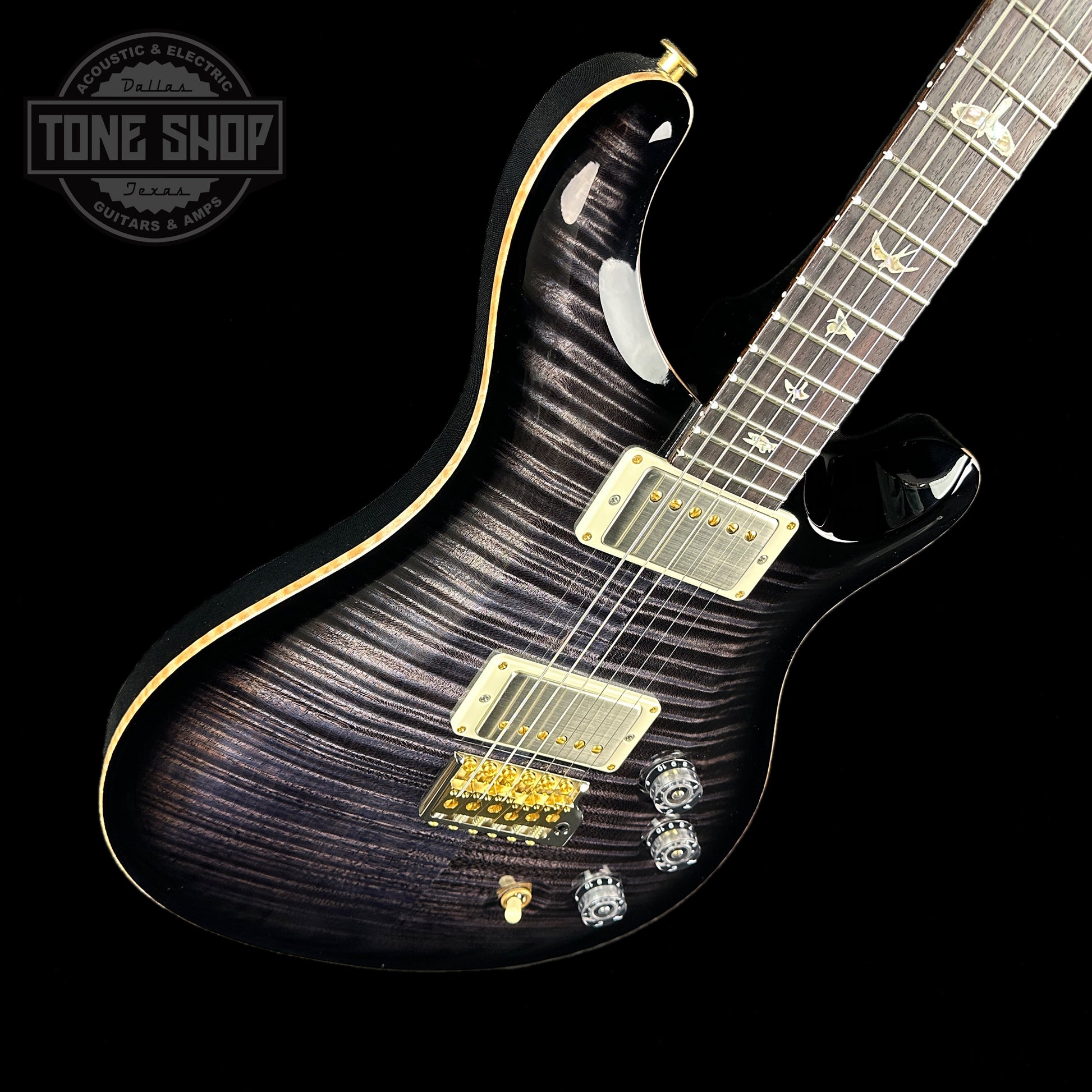 Front angle of PRS DGT David Grissom Trem 10 Top Purple Mist Birds.