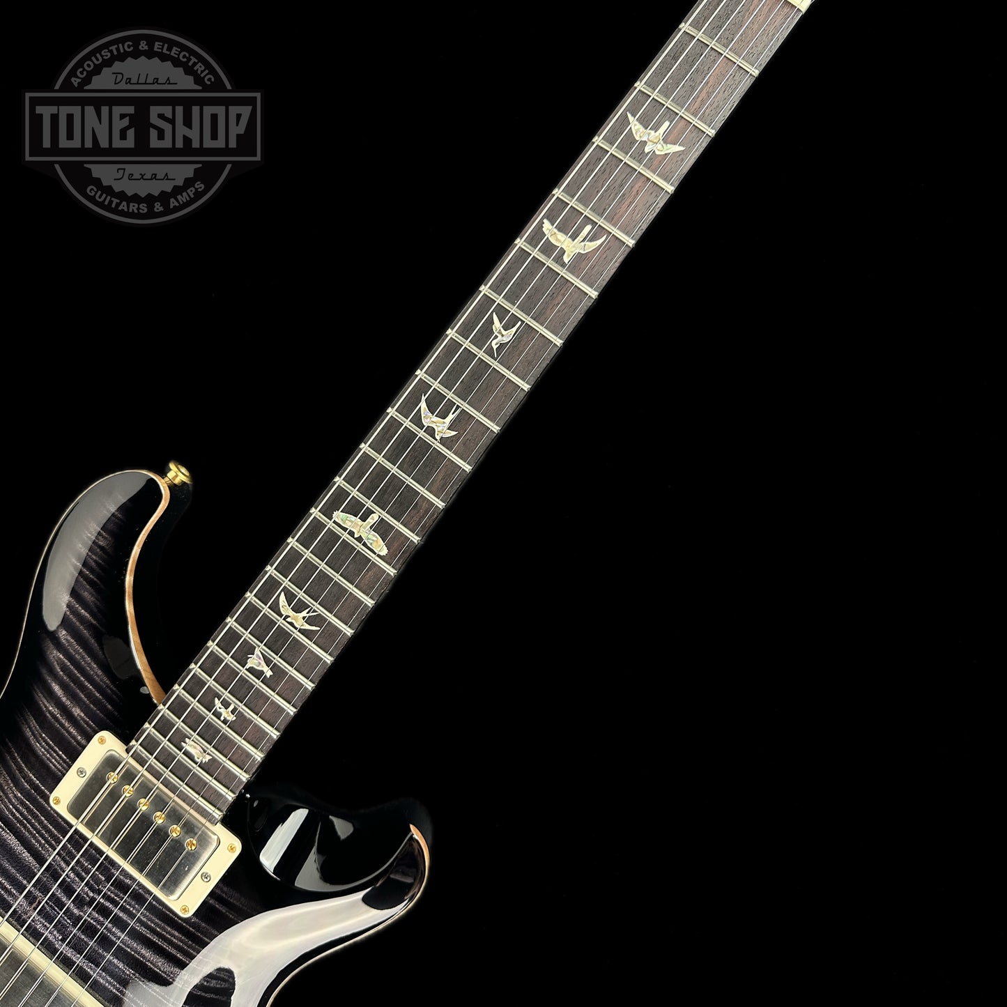 Fretboard of PRS DGT David Grissom Trem 10 Top Purple Mist Birds.