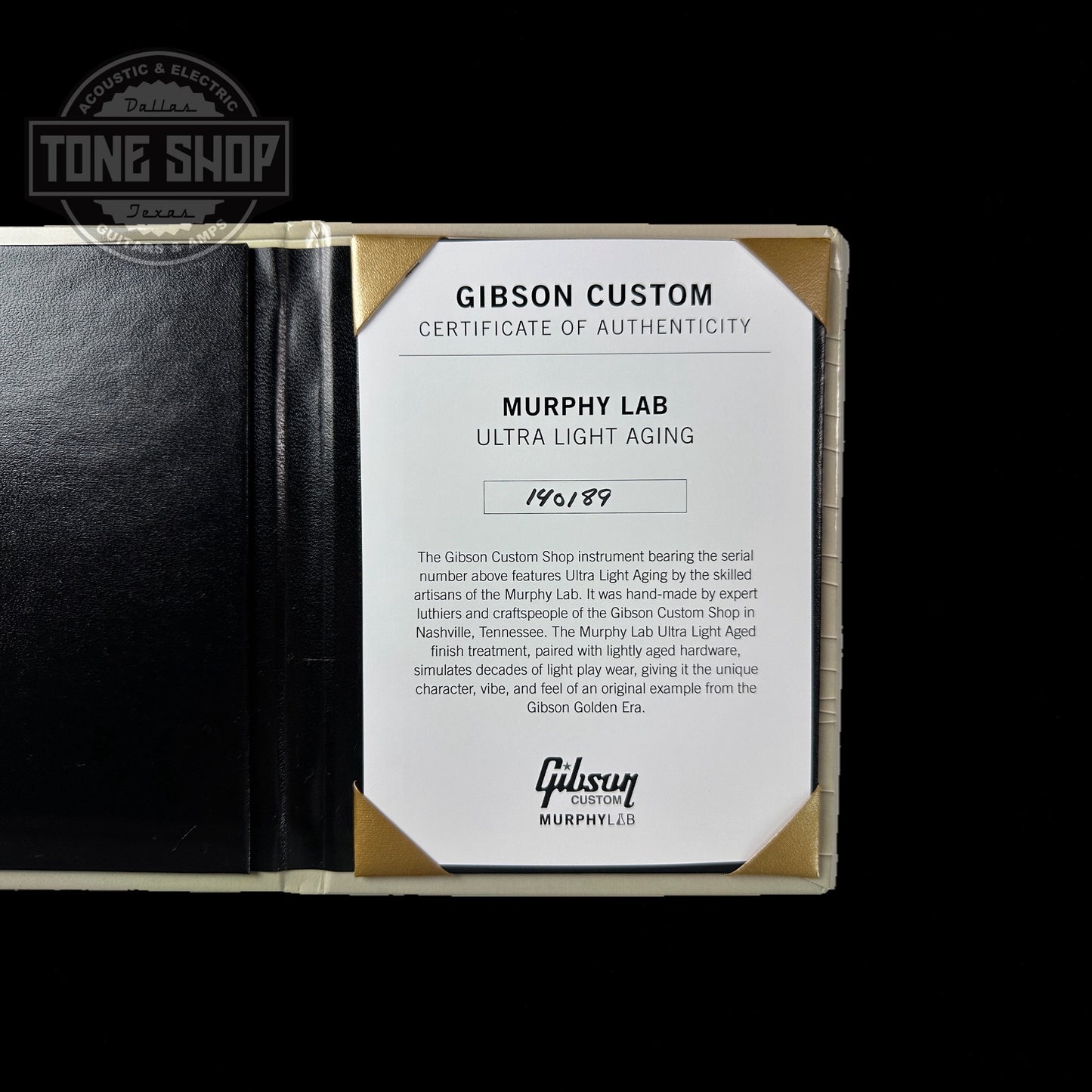 Certificate of authenticity for Gibson Custom Shop M2M 1964 ES-345 Double Gold Murphy Lab Ultra Light Aged.