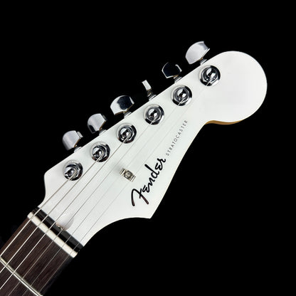 Front of headstock of Used Fender Aerodyne Special Strat White.